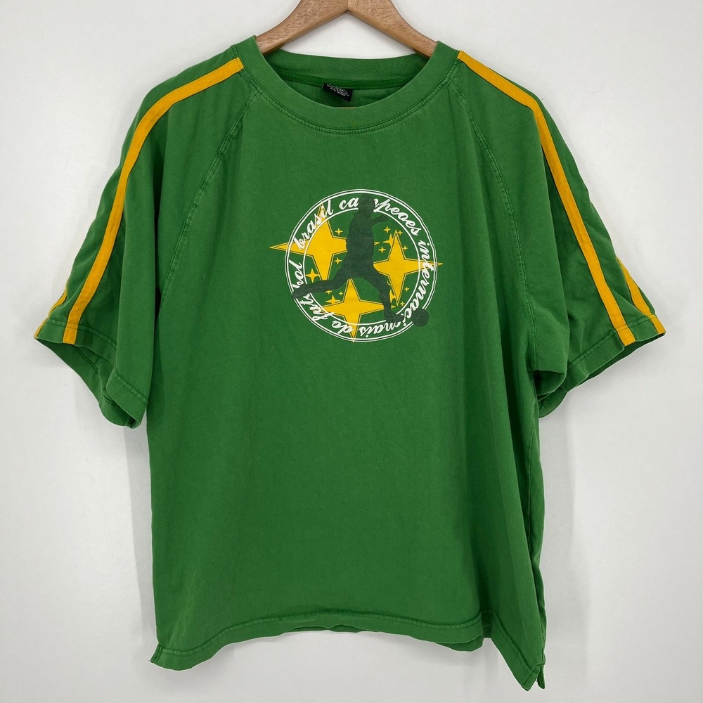 Starter Mens Brazil Soccer Graphic T-Shirt Green Yellow Striped Large Vtg 90s